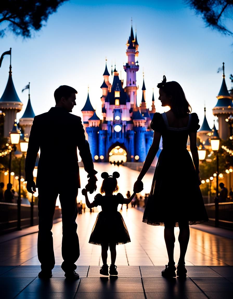 A silhouetted family standing holding hands with the Disneyland castle in the background