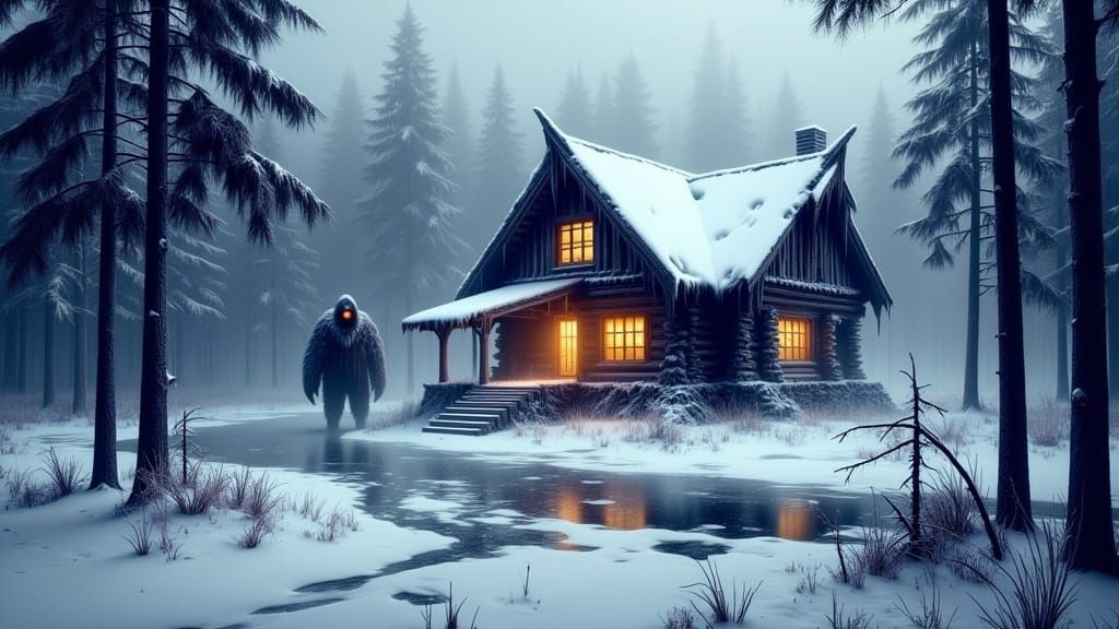 Snowy Cabin Watched by Creature in Frozen Forest