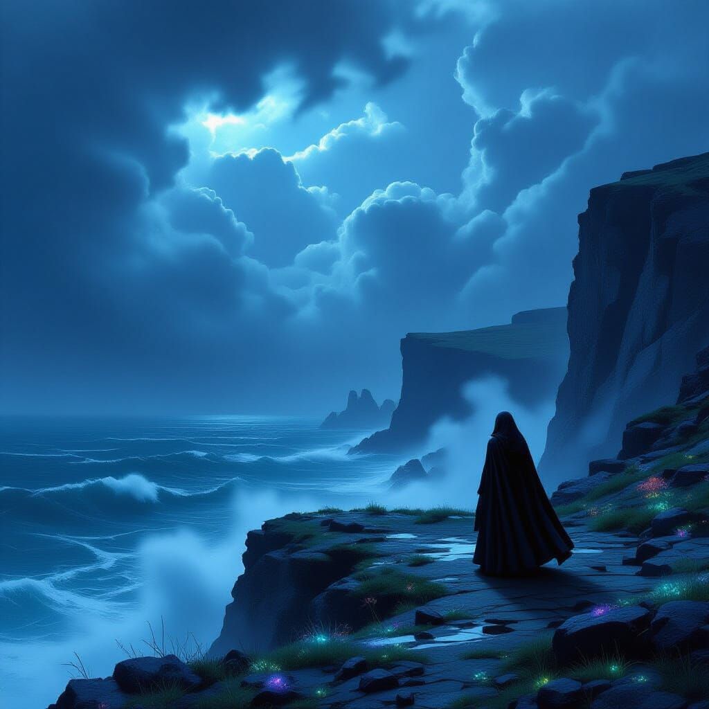 Woman on Cliff Overlooking Stormy Ocean