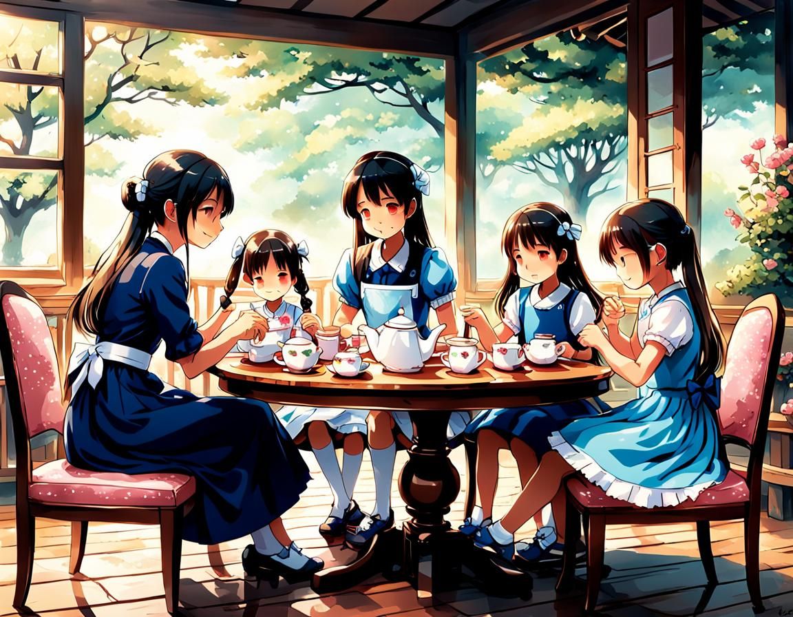A mother and her daughters sitting at a table playing tea pa...