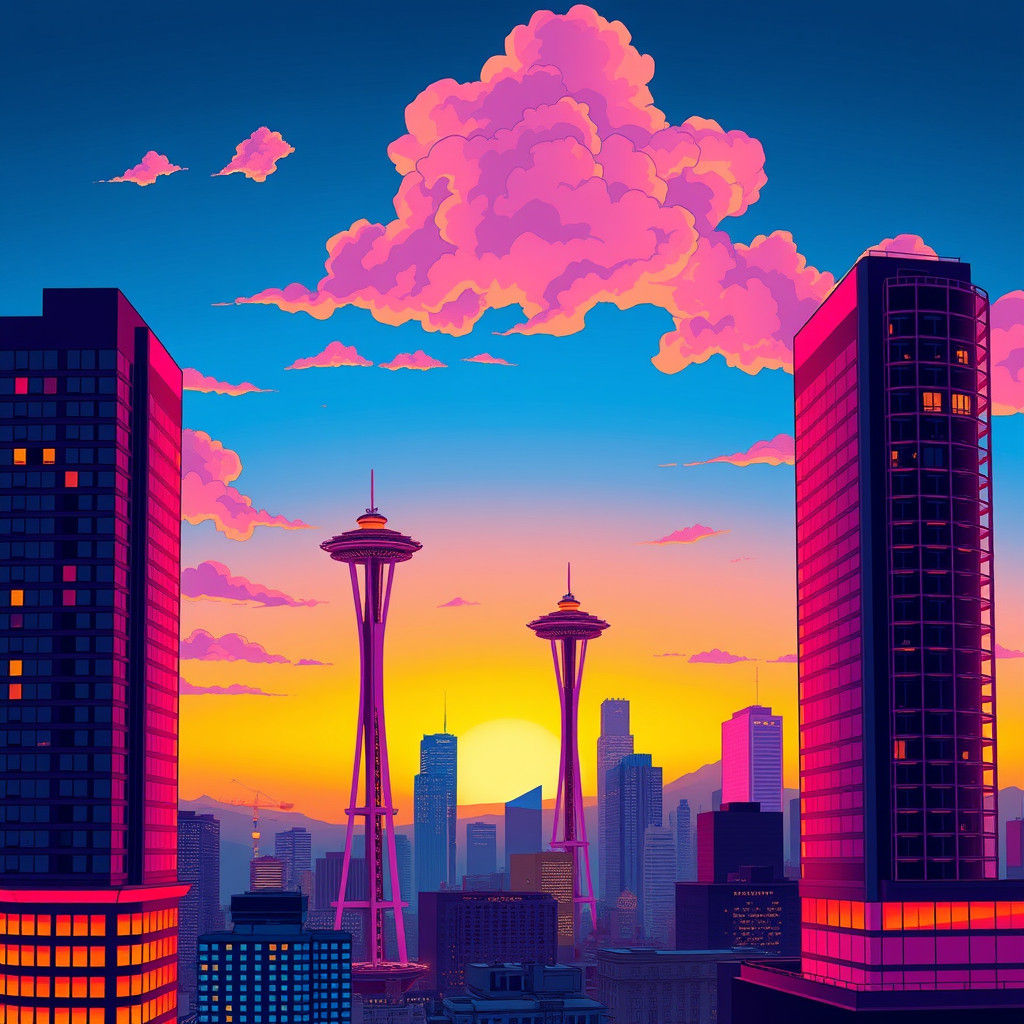 Neon Seattle Sunset in Comic Book Style