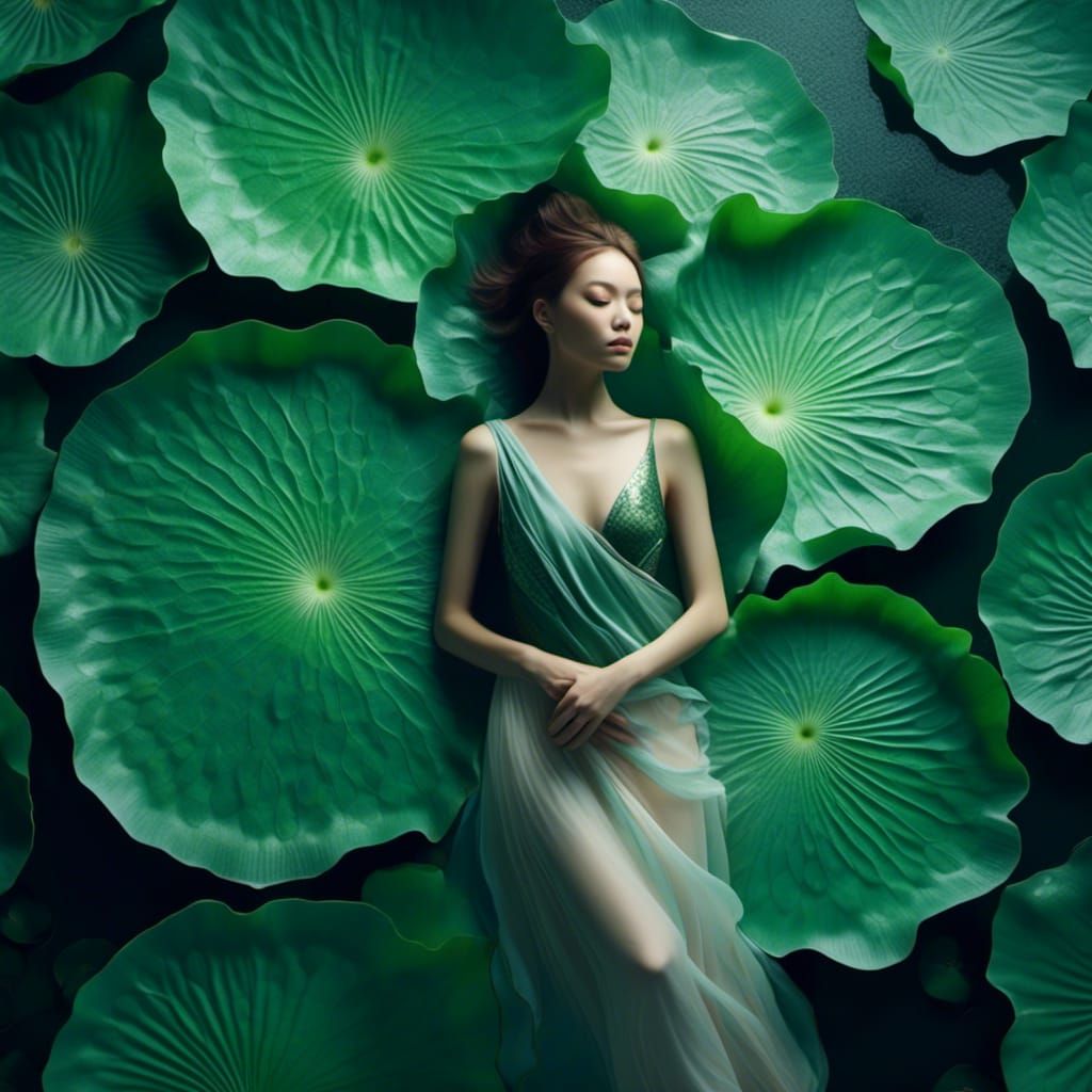 Lotus Leaf Envelops Chinese Lady: Minimalist Oriental Art