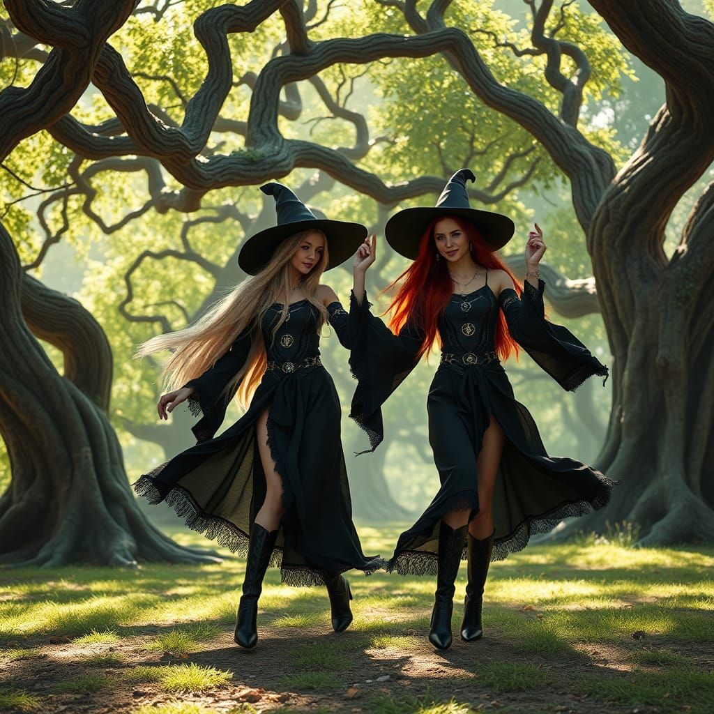 Twin Witches Dancing in Mystical Forest Clearing
