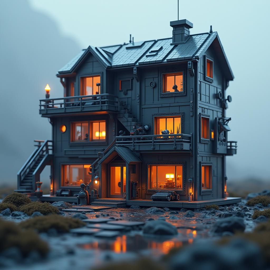 Metallic Lego Mech House in Sci-Fi Cityscape