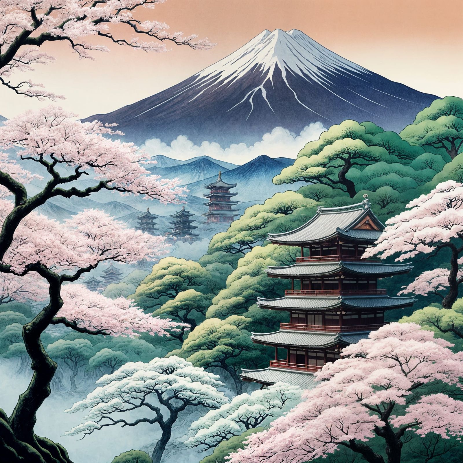 Shinto Temples in Ukiyo-e Style Landscape