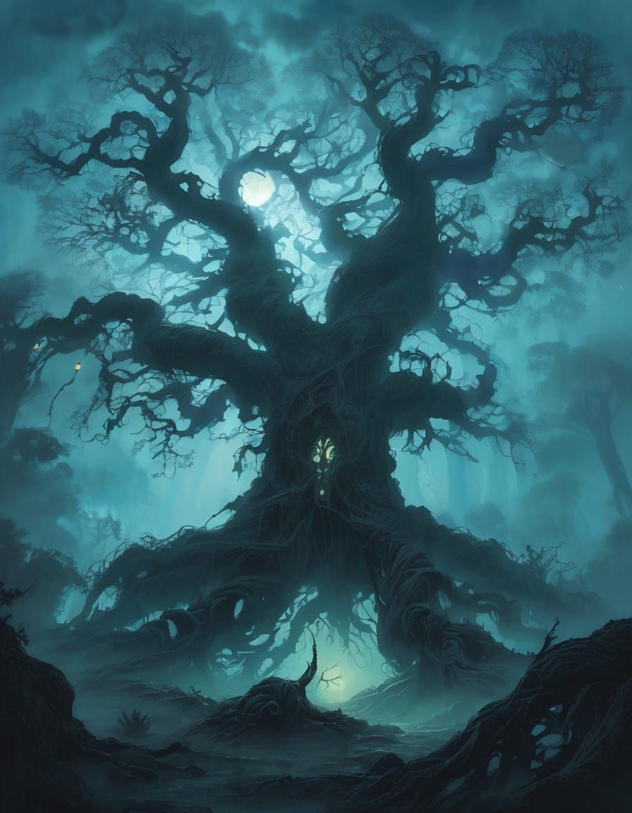 Ancient Tree in Misty Landscape