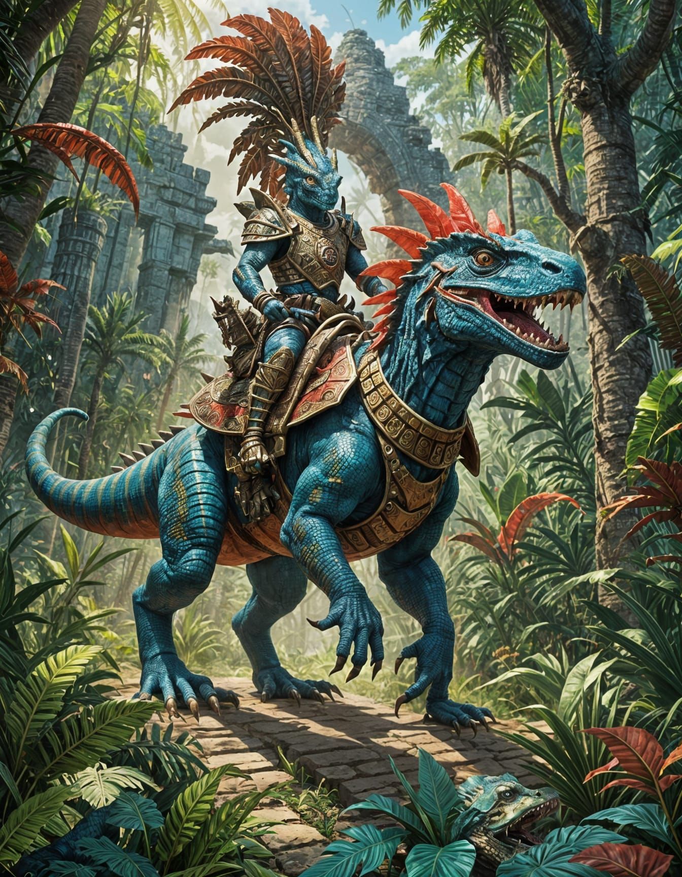 Lizardman Rides Raptor in Aztec Jungle