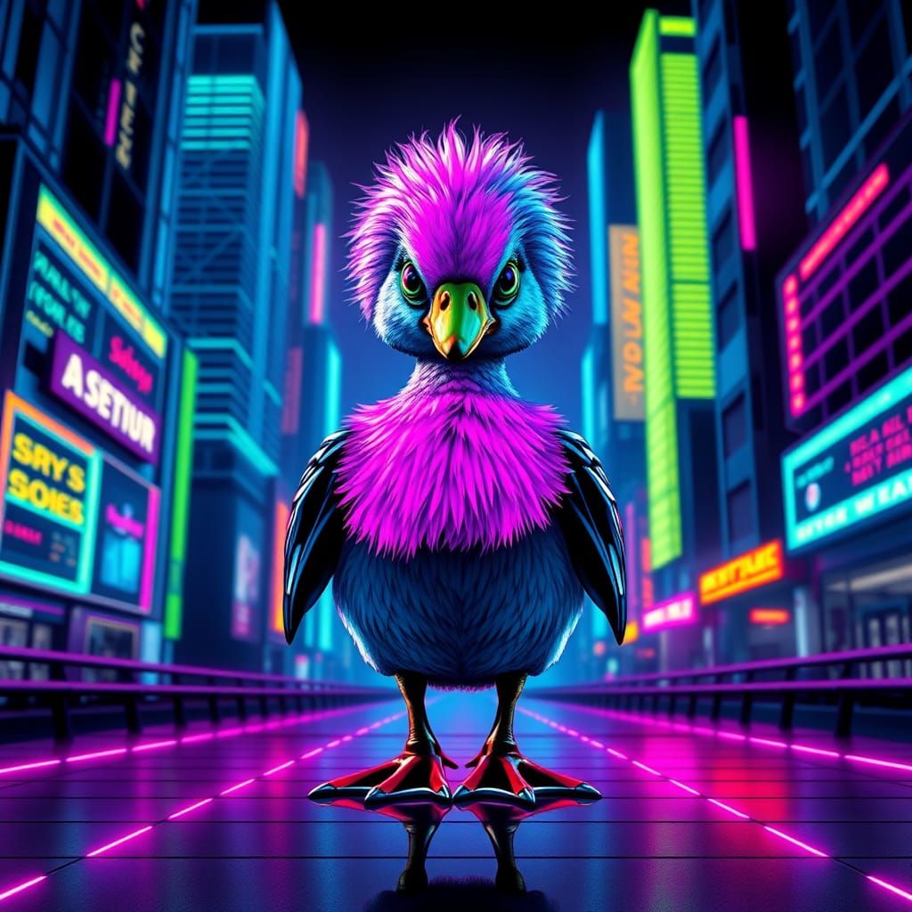 Duck Alien in Neon Pop Art Cityscape