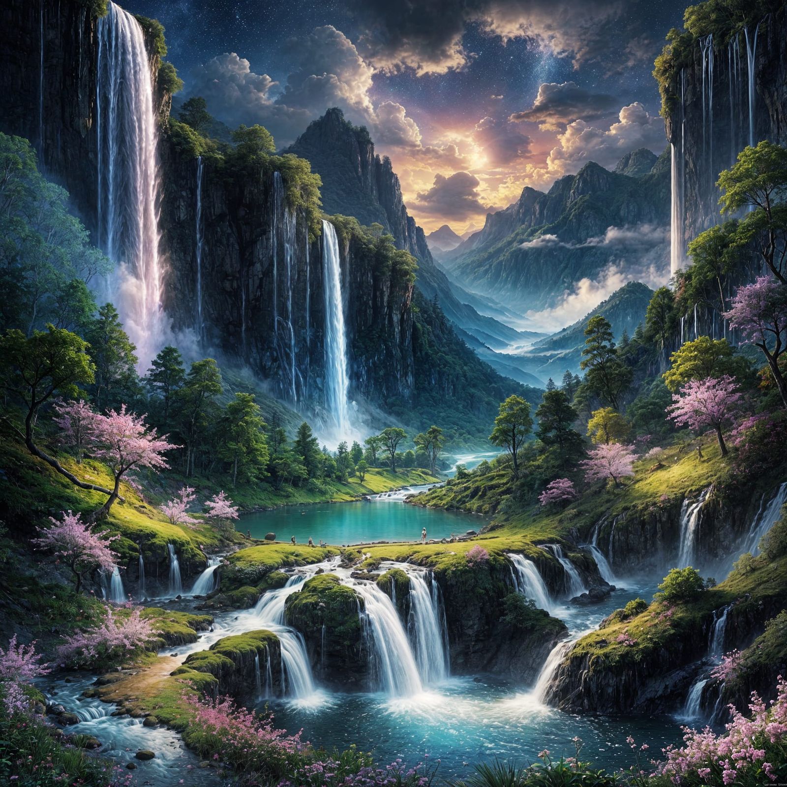 Surreal Night Landscape with Iridescent Waterfalls
