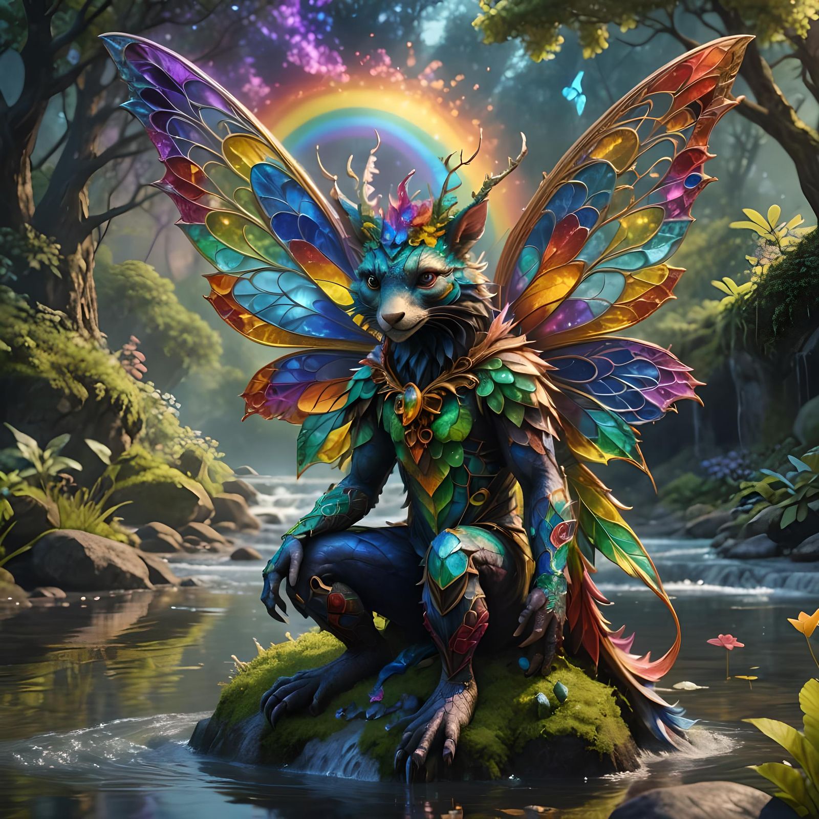 Rainbow Fairy Animal with Fractal Background