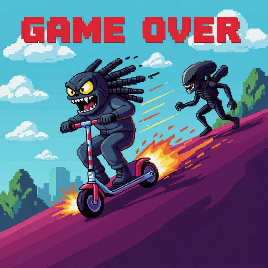 A flustered predator gripping a bumper scooter as it hurtles...