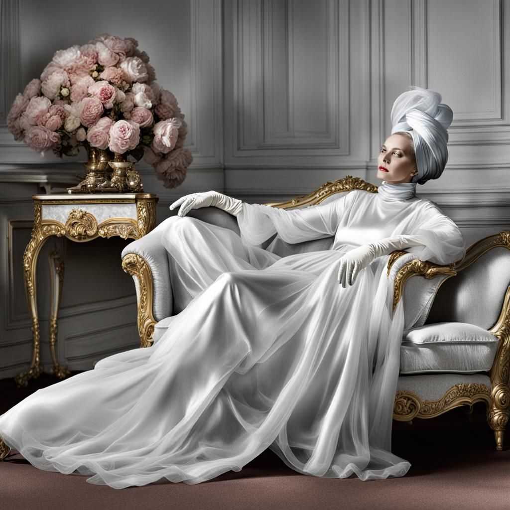Elegant Woman in Couture Gown on Chaise Lounge