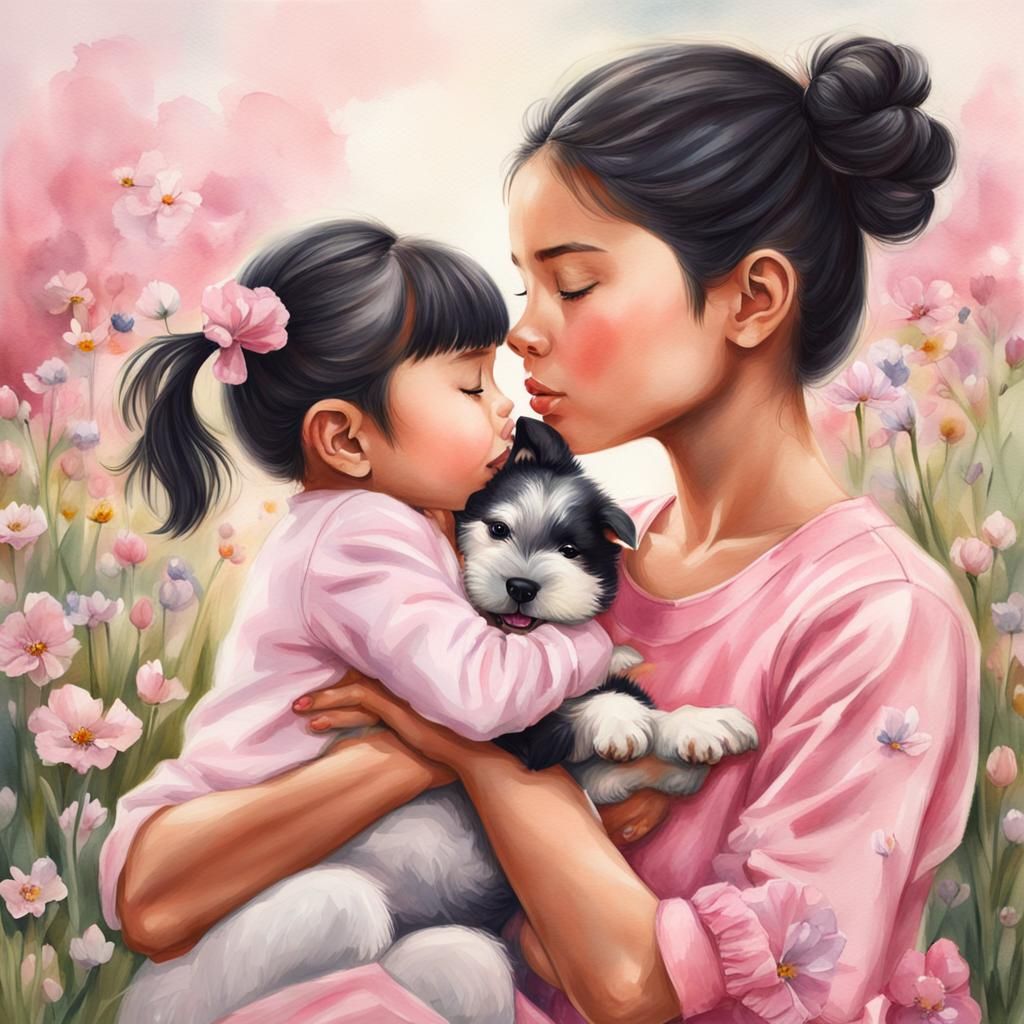 Girl and Puppy: A Tender Moment in Watercolor