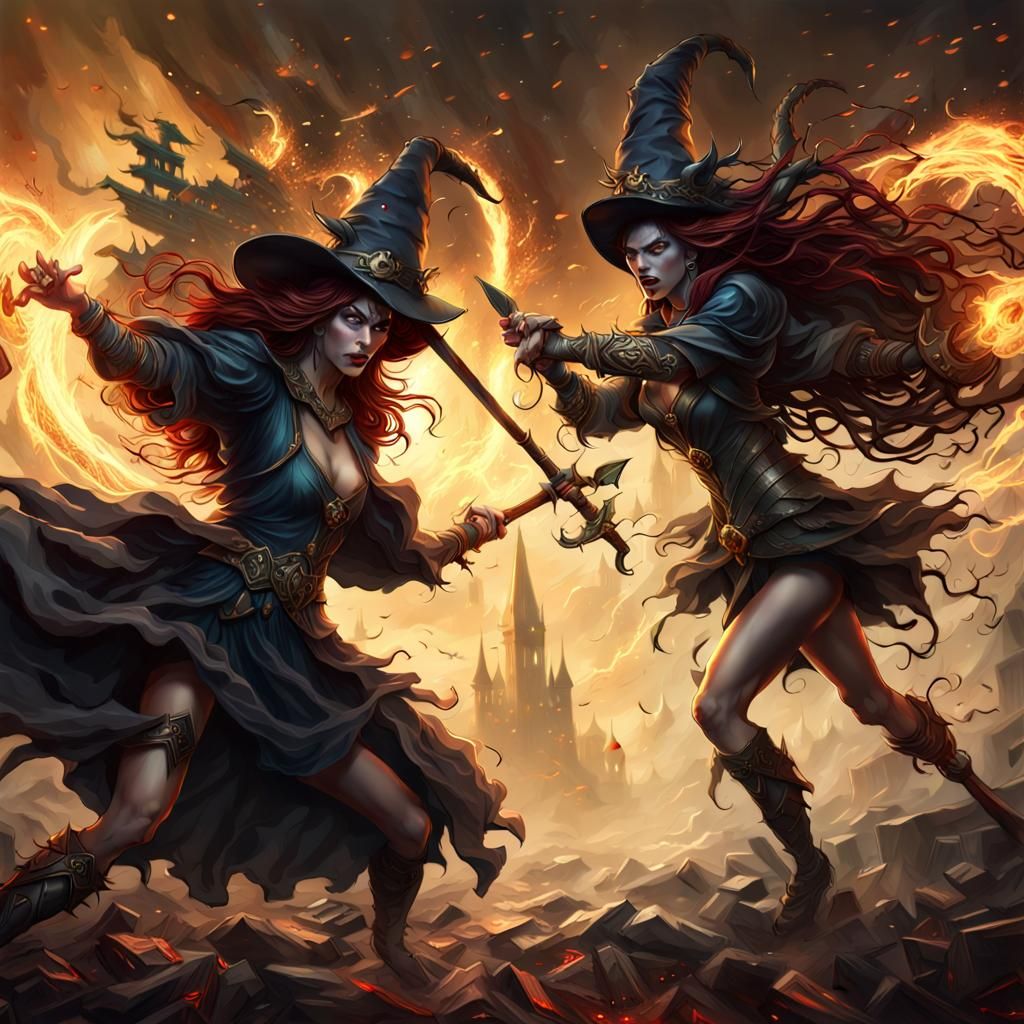 Epic Battle Between Witch and Goddess in Fantasy Art