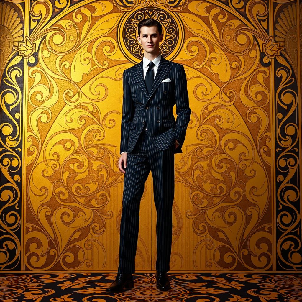 Elegant Thin Man in Art Nouveau Pinstripe Suit