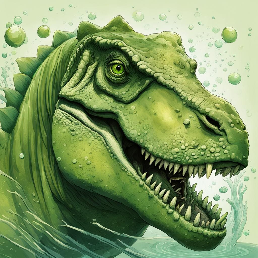 Dinosaur Bust Holding Fish, Digital Painting Concept