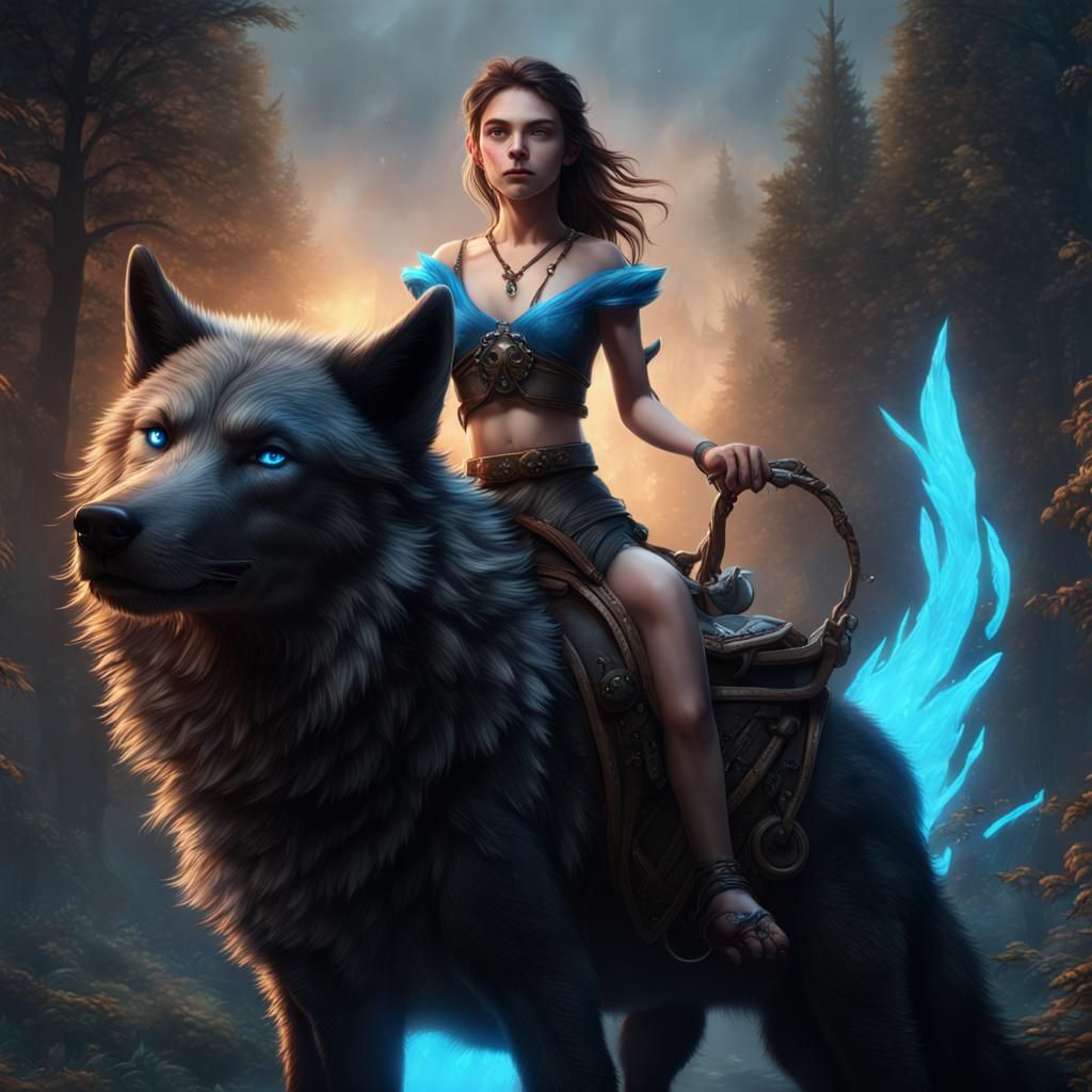 Girl Rides a Black Wolf: Fantasy Concept Art