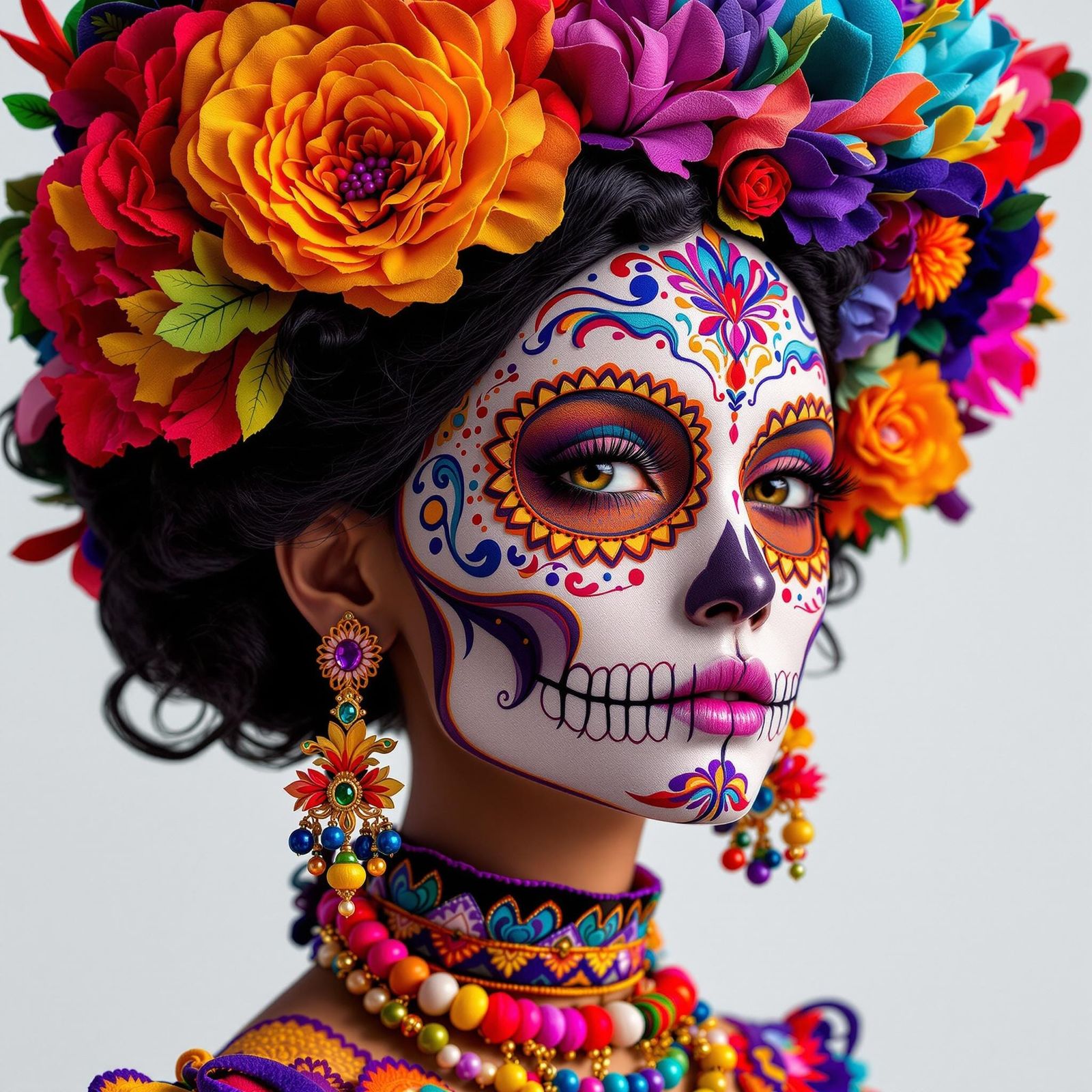 Mexican Lady with Sugar Skull Felt Portrait in Lowbrow Art S...