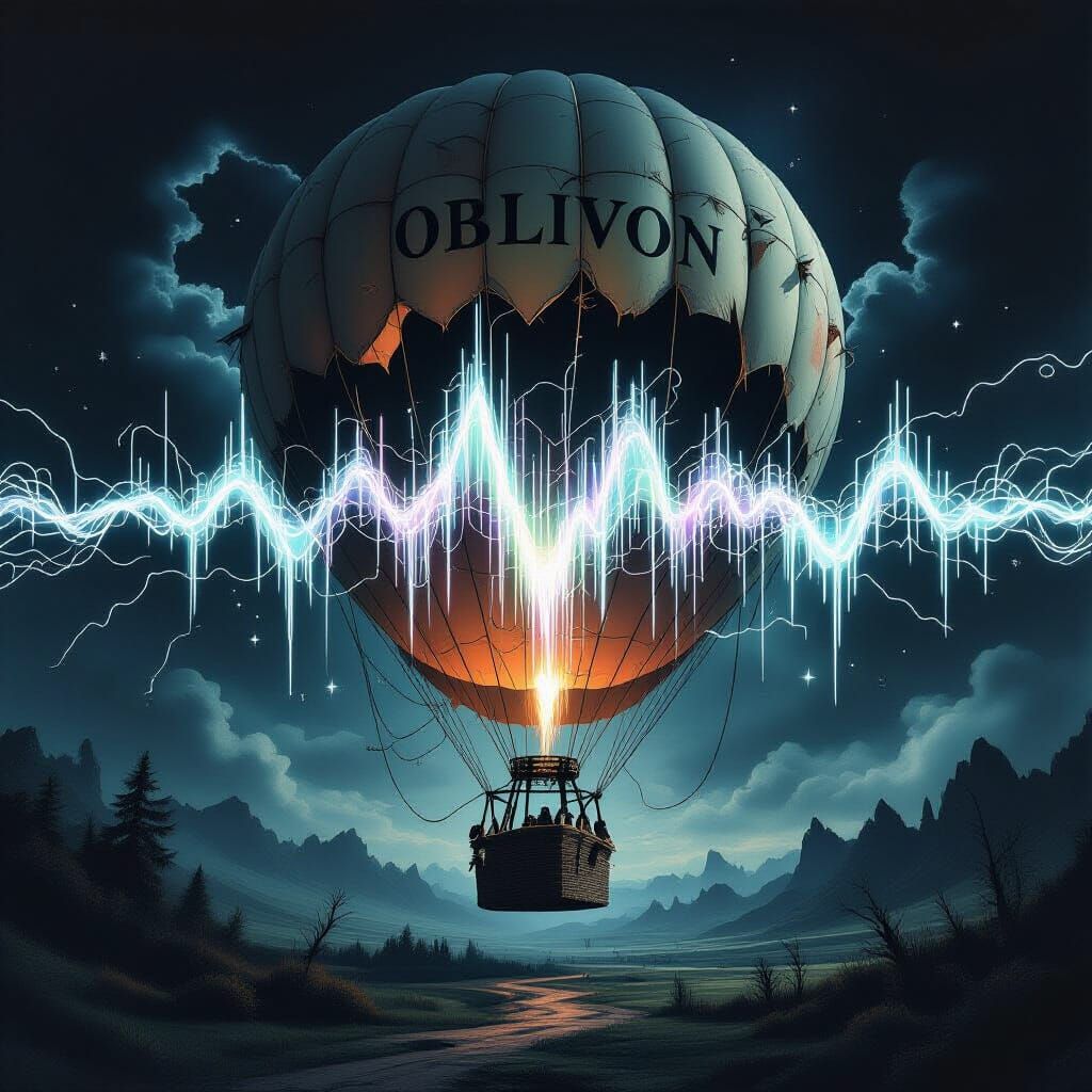 Surreal Landscape with Collapsing Balloon and Light Pathways