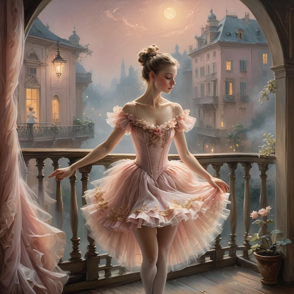 Ballerina on Balcony in Rococo Oil Painting Style