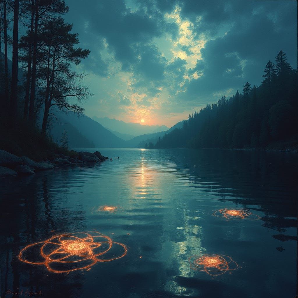 Surreal Twilight Lake Reflecting Abstract Patterns and Symbo...