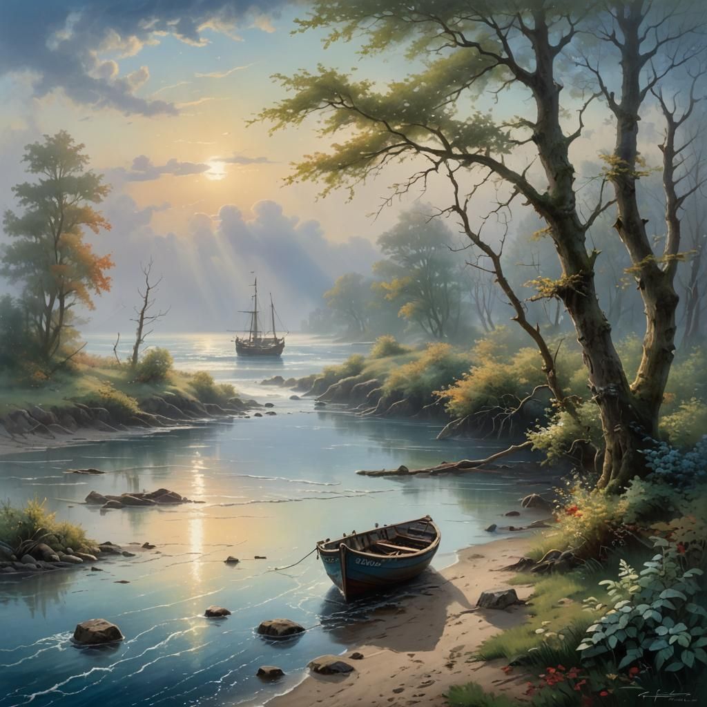 Misty River Mouth Scene at Dawn