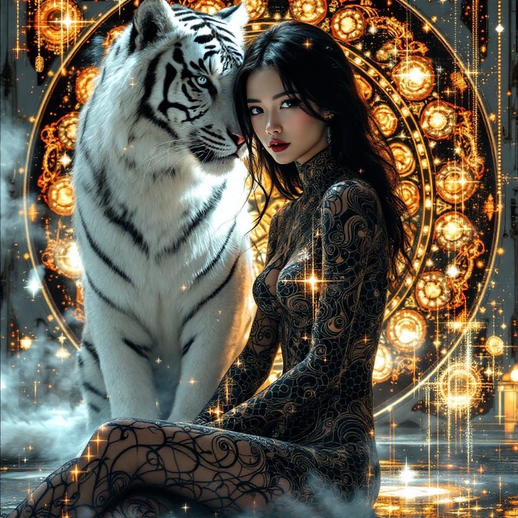 Woman and Tiger with Glitch Photography Effects