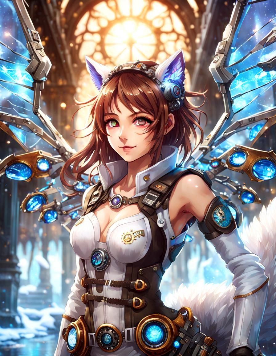 Crystalline Steampunk Exosuit in Grand Fantasy City