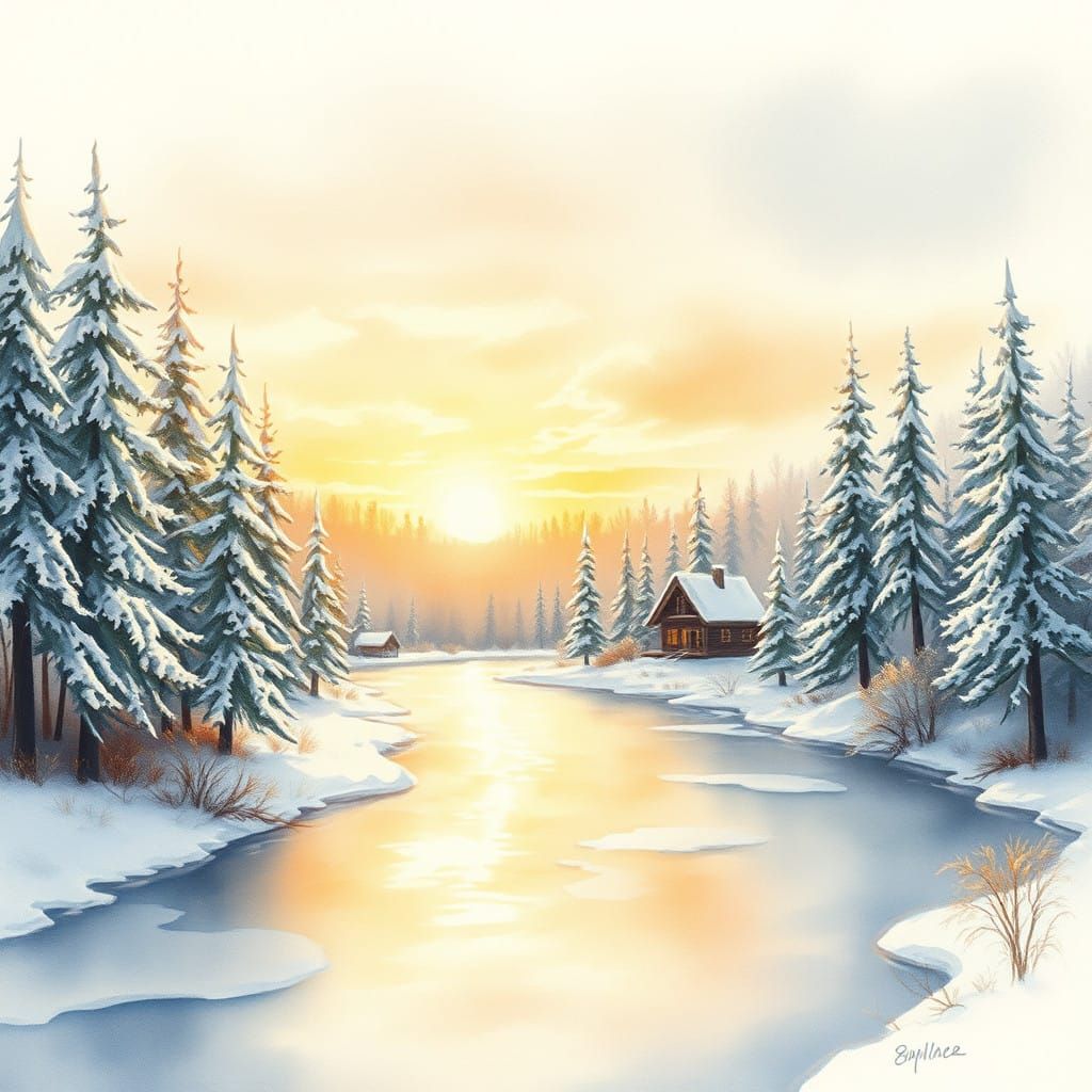 Serene Winter Watercolor Landscape with Cozy Cabin and Sunse...
