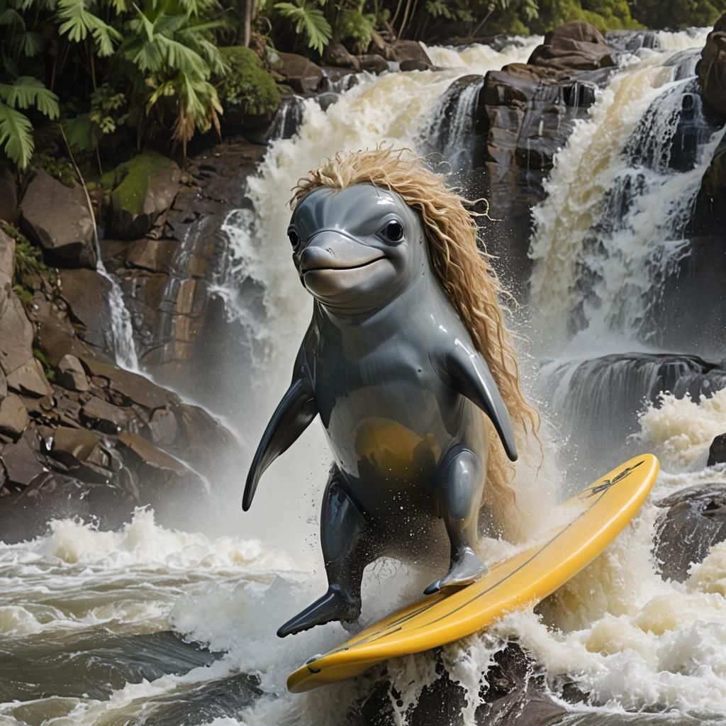 Old dolphin with wiggly hair and abnormal size eyes goes dow...