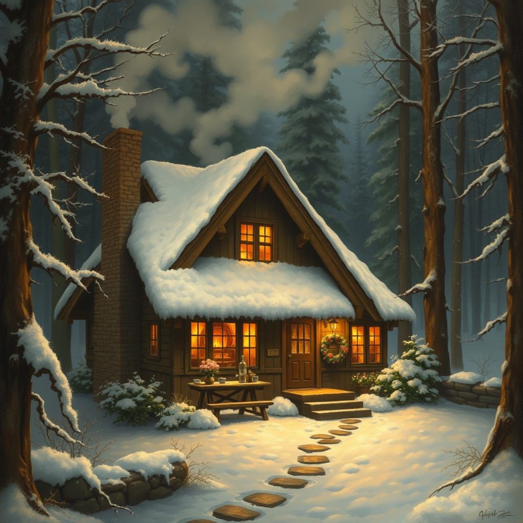 Cozy Cottage in Snowy Forest in Luminist Style