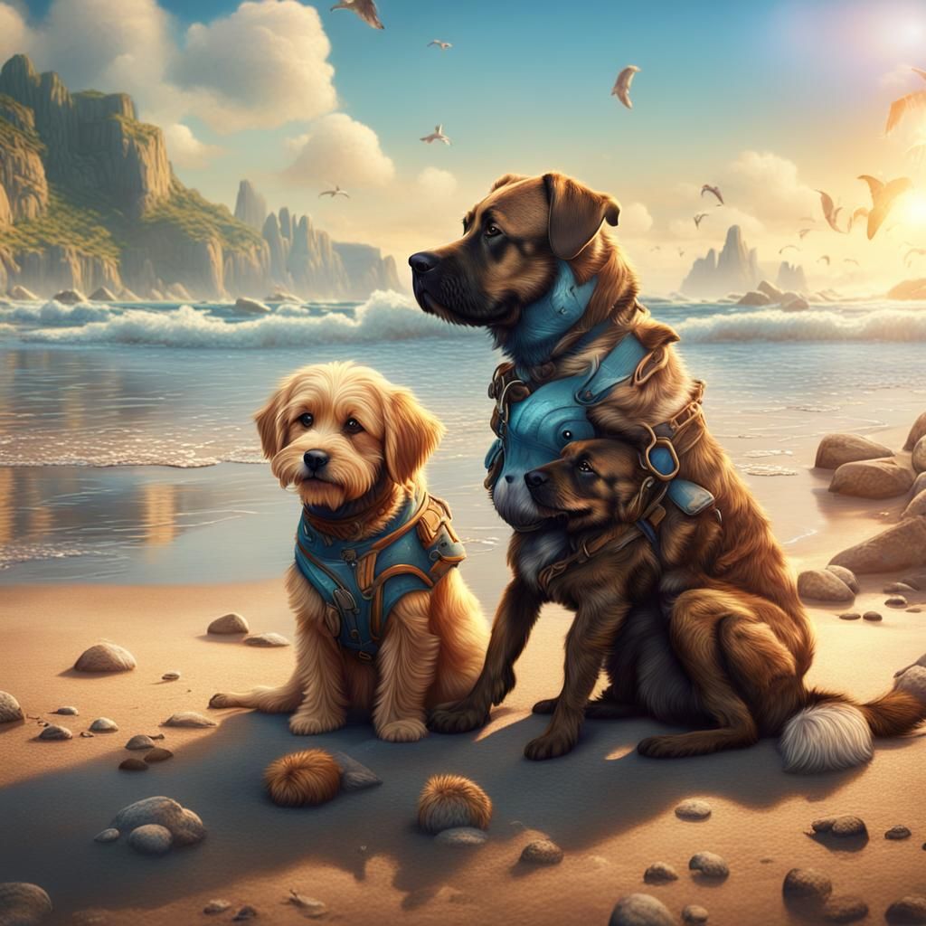 Dogs Hugging at the Beach: Fantasy Concept Art