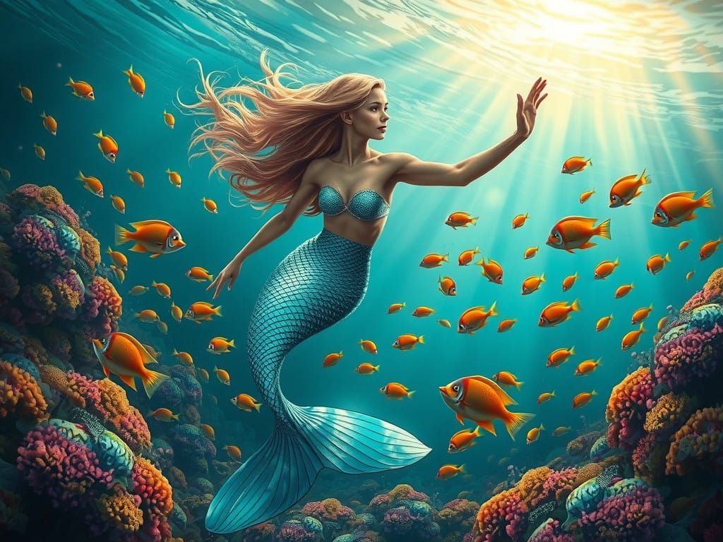 Surreal Mermaid in Dreamlike Ocean Scene with Exotic Fish