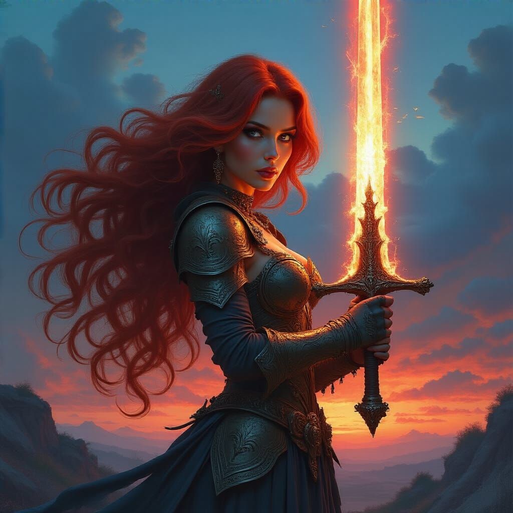 Heroic Woman With Glowing Sword in Fantasy Landscape