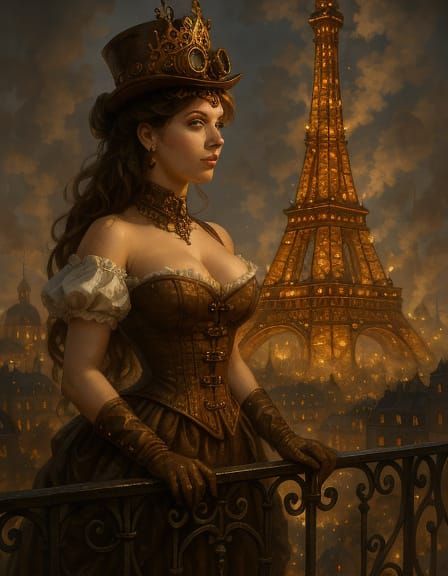Steampunk Princess on Balcony in Victorian Style