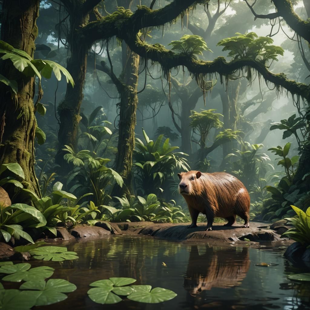 Capybara in Rainforest: Detailed Matte Painting