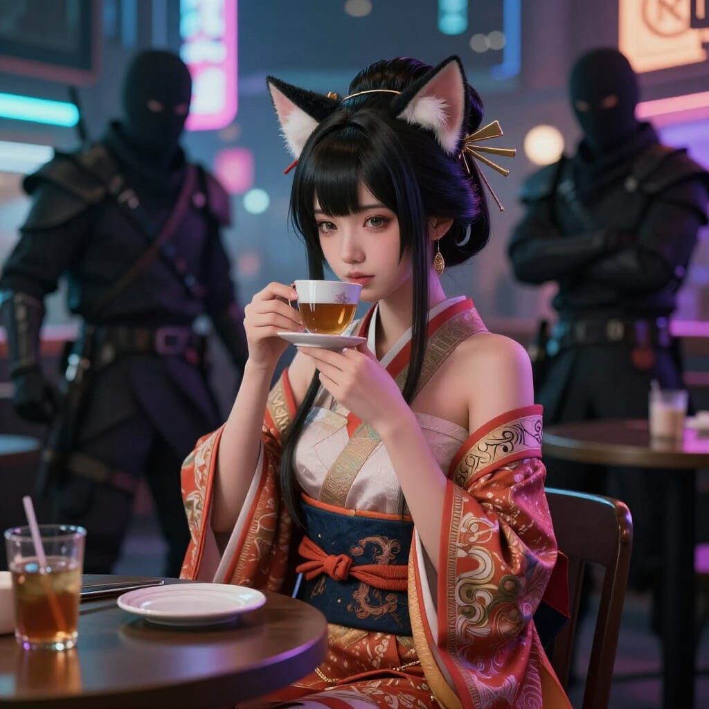 Anime Geisha in Neon Cyberpunk City Cafe