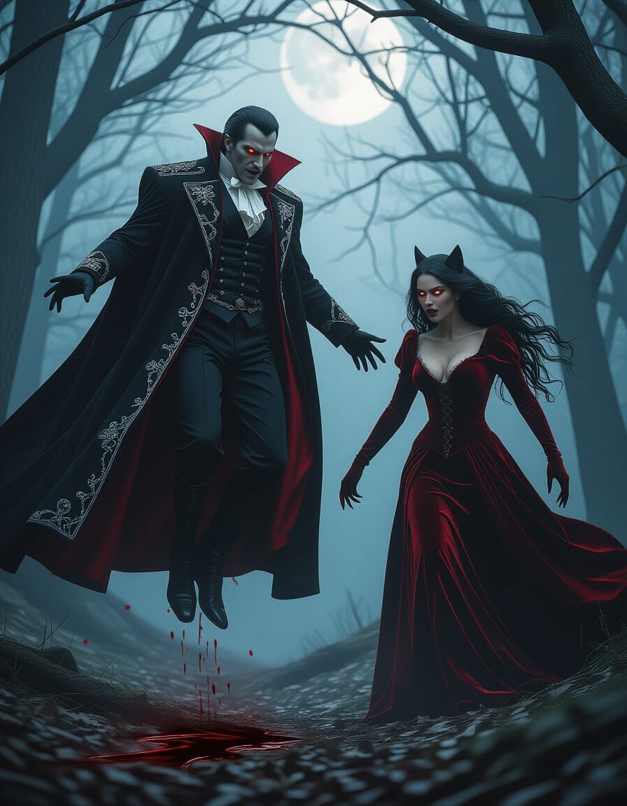 Dracula and Werewolf Hunt in Moonlit Forest