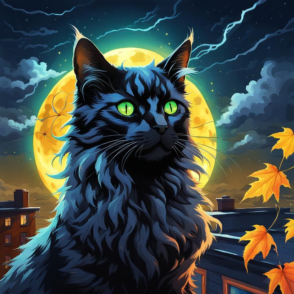 Chat noir, aux yeux verts, très très poilu, sur un toit magn...