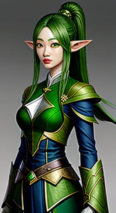 Green Skinned Korean Female Elf Character Concept