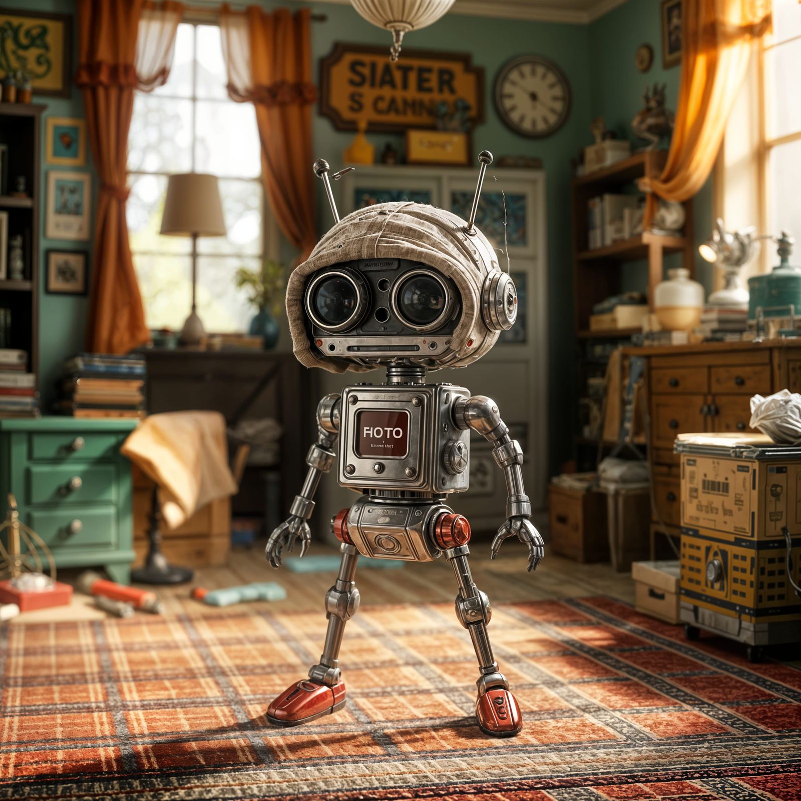 Whimsical Robot in Charming Retro-Style Room