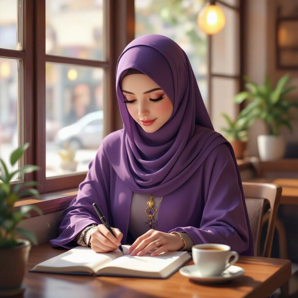 Muslim Woman Writing Goals in Cafe, 3D Anime Style