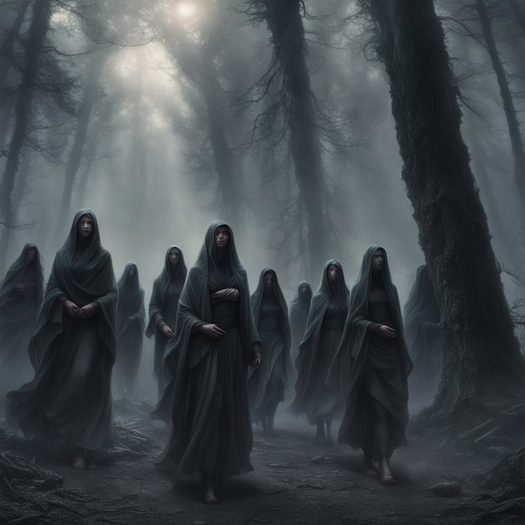 Veiled Figures Emerge from Misty Forest