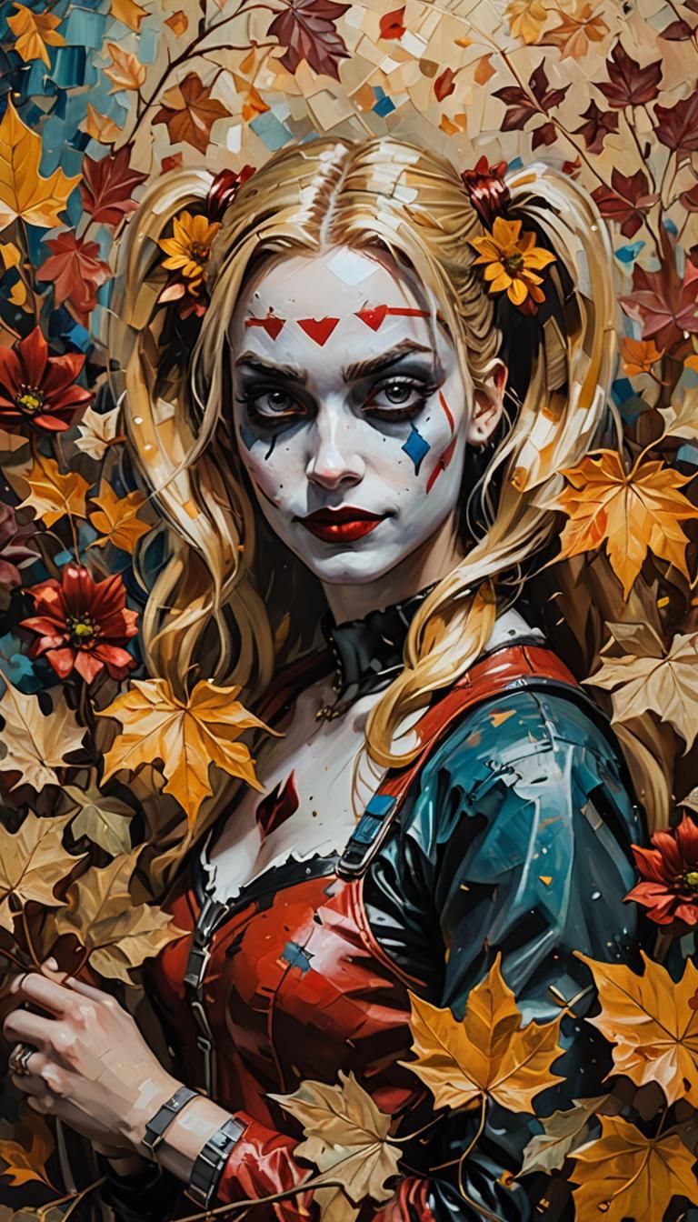Harley Quinn in Autumnal Floral Arrangement as Oil Painting
