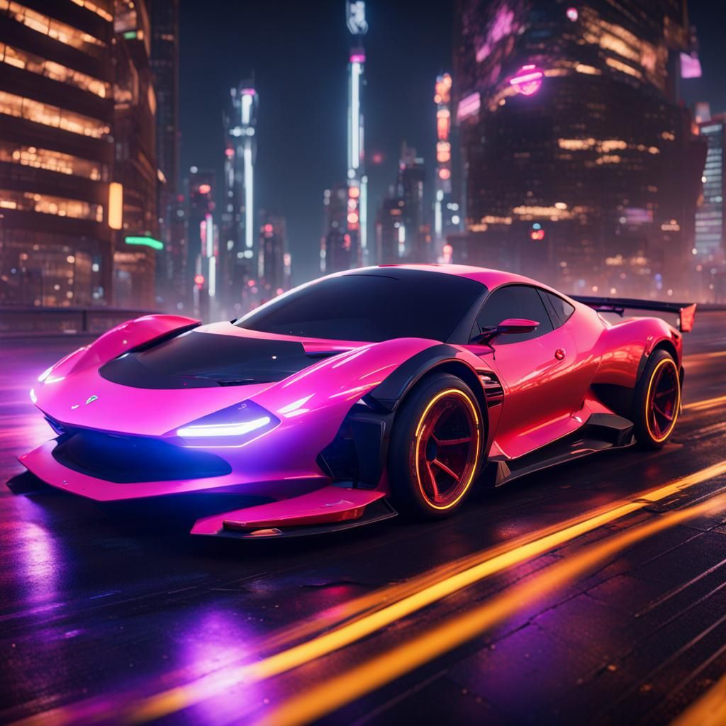 Futuristic Neon Ferrari Races in Cyberpunk Cityscape