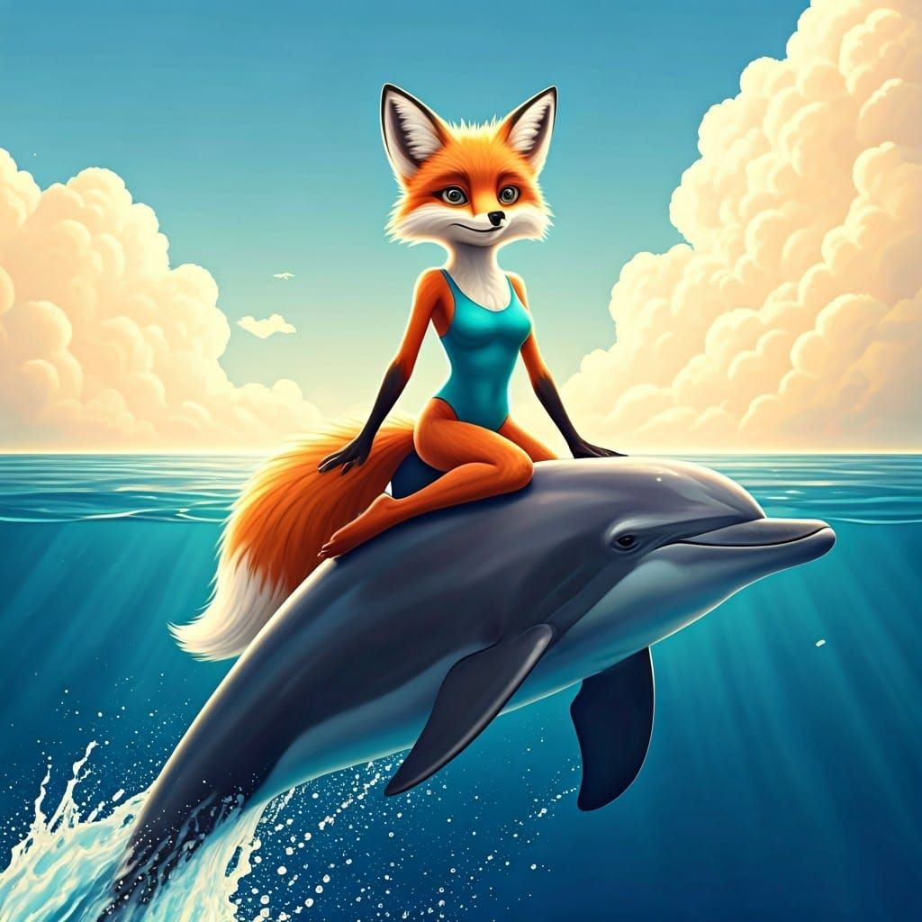 Vibrant Cartoon Fox Rides Majestic Dolphin in Tropical Water...