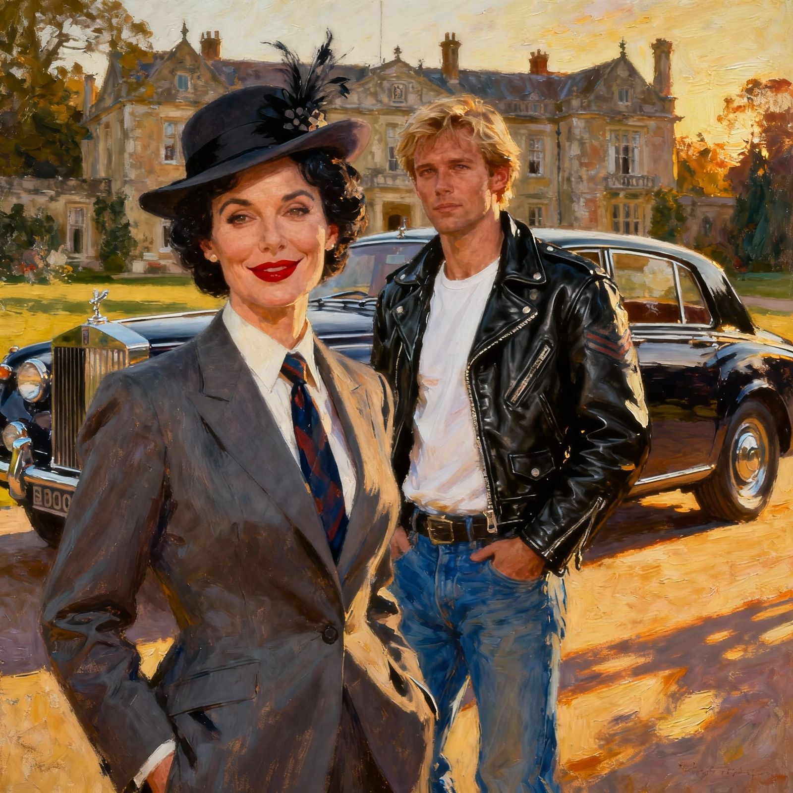 Elegant Couple and Vintage Car in 1960s Manor Setting