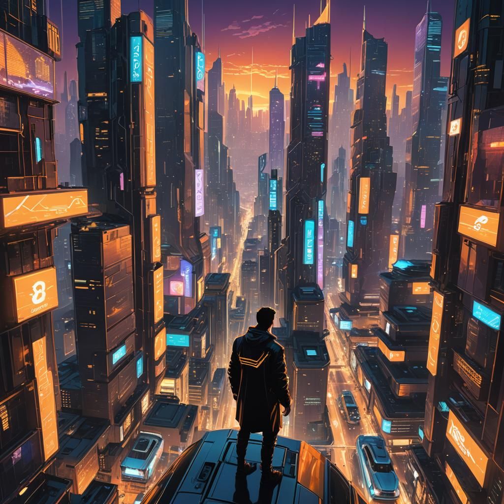 Cyberpunk Cityscape with Bitcoin Logos and Neon Lights