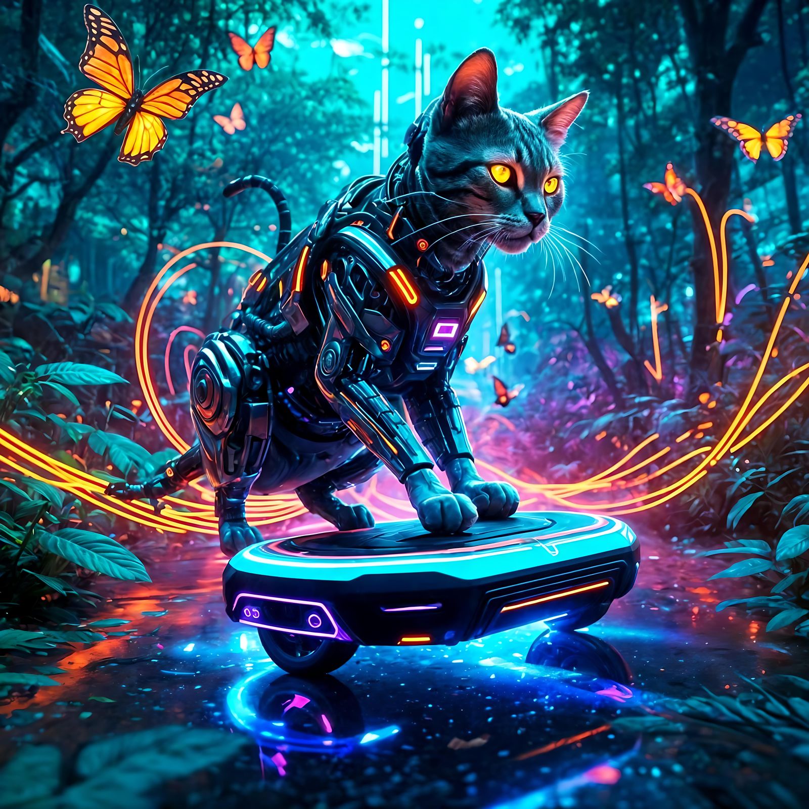 Cyborg Cat Races Through Neon Jungle