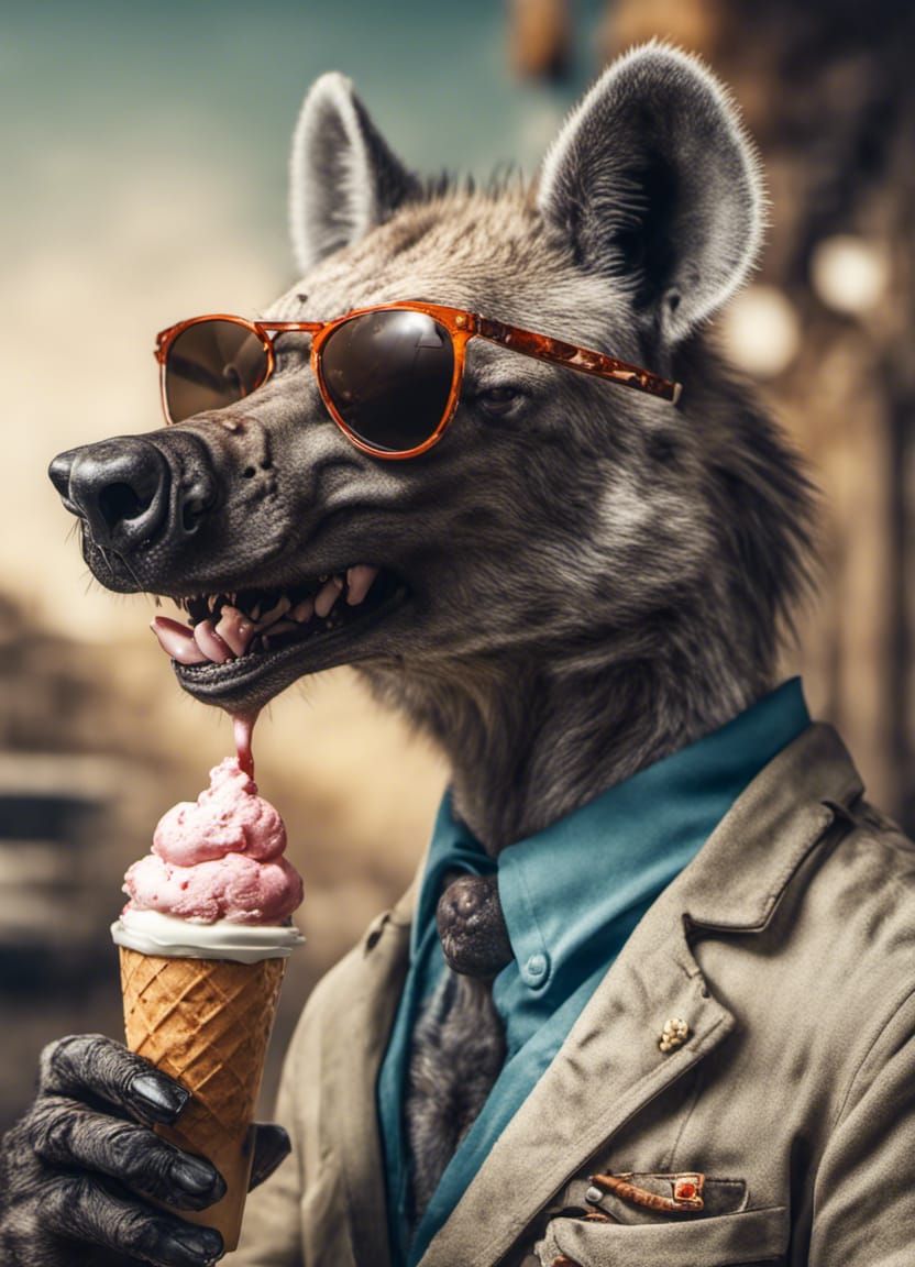Hyperrealistic Hyena Portrait with Ice Cream